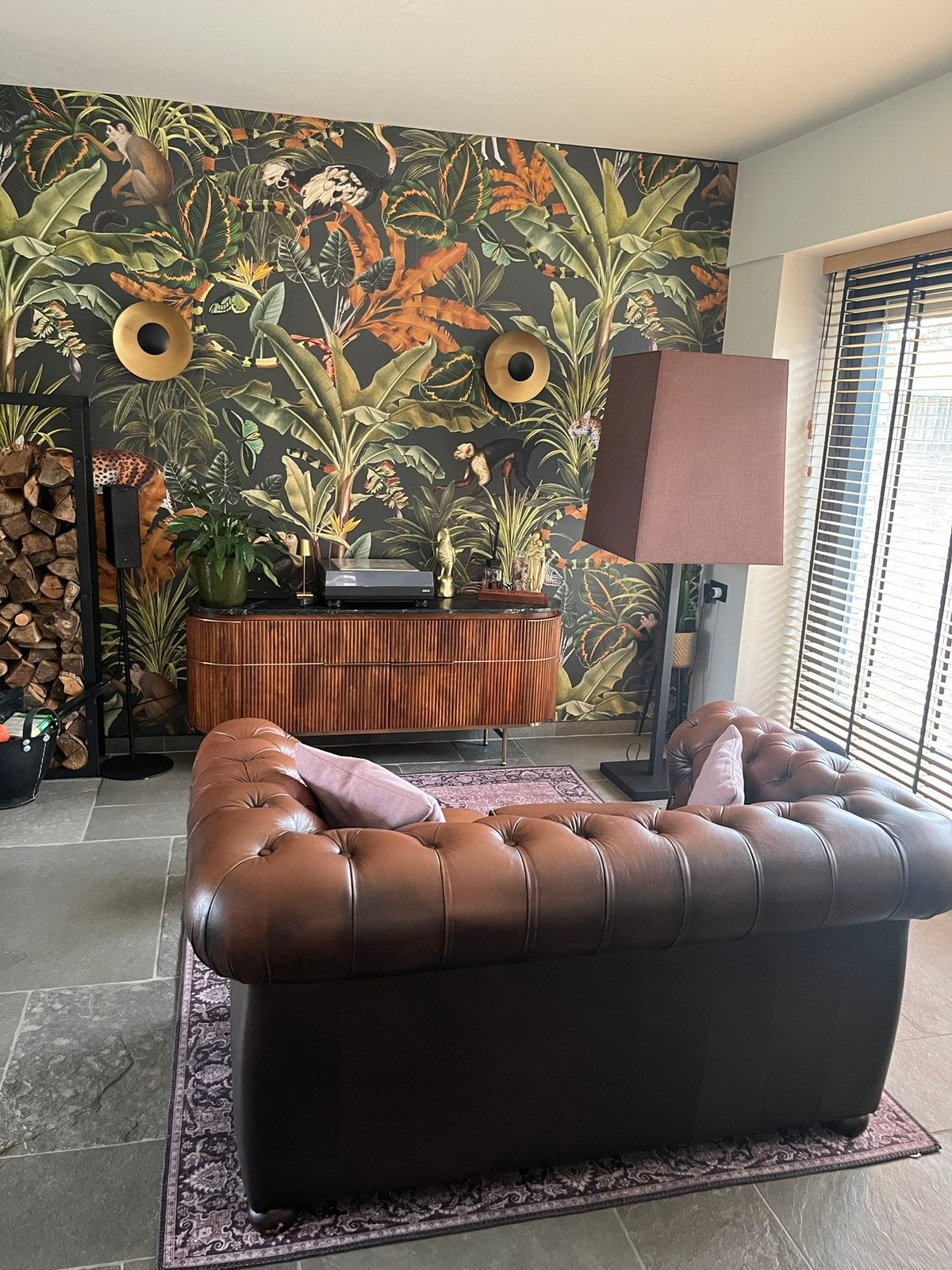 Grote design vloerlamp- zwarte voet met bruine stoffen kap, Ophalen, Zo goed als nieuw, 150 tot 200 cm