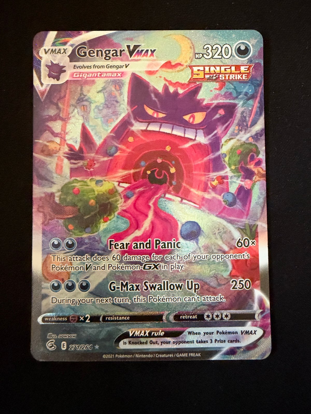 Gengar VMAX 271/264 Fusion Strike Pokémon Kaart, Ophalen of Verzenden, Zo goed als nieuw, Losse kaart