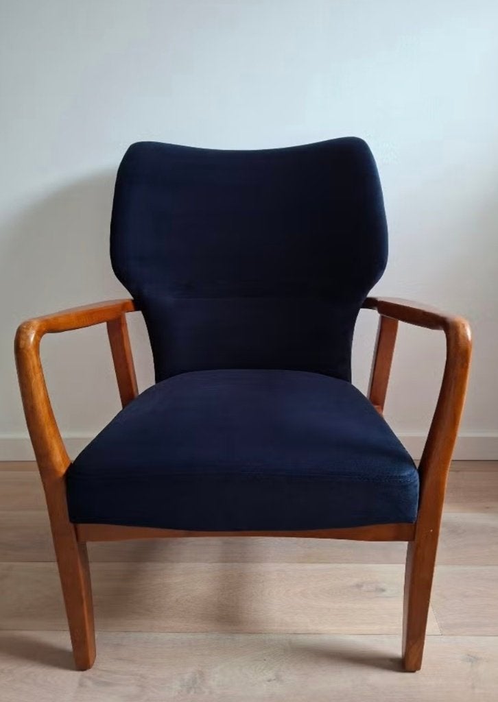Velvet blauwe stoel / fauteuil, Ophalen, Minder dan 75 cm, Zo goed als nieuw, Stof