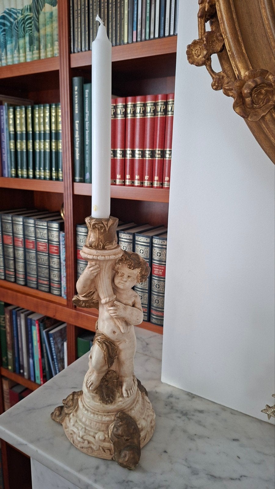 2x antieke kandelaar met cherubijn, Antiek en Kunst, Ophalen of Verzenden, Overige materialen