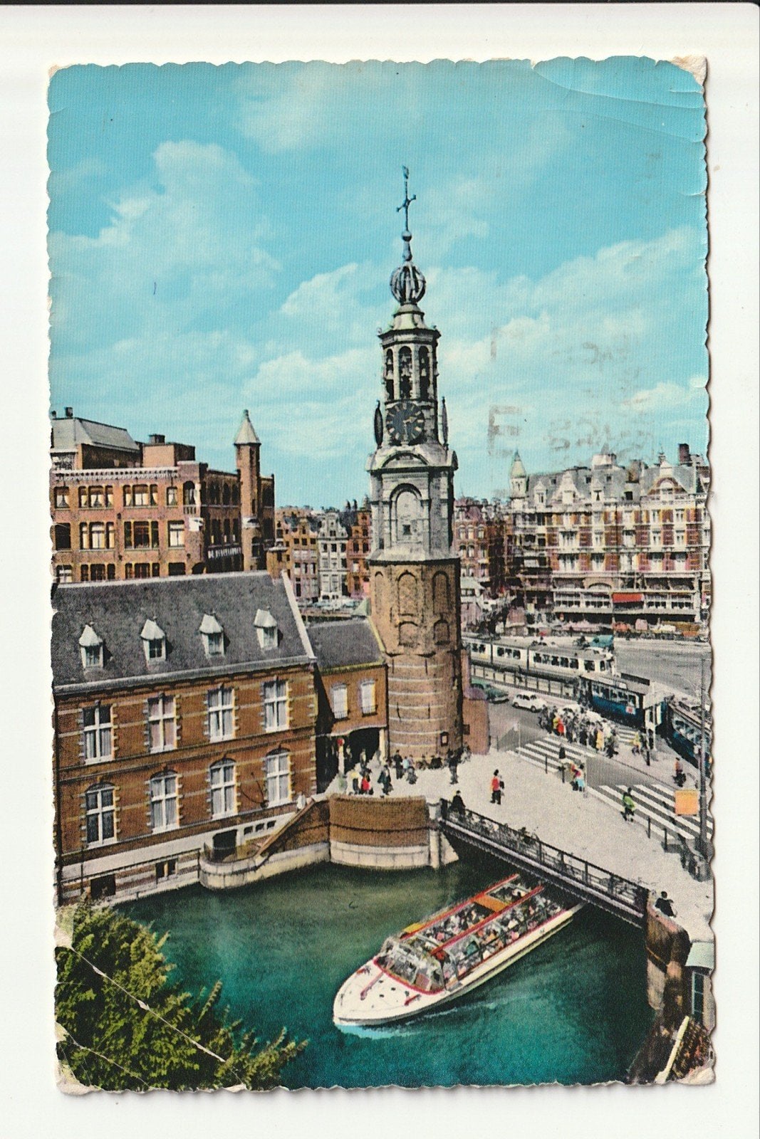 AMSTERDAM MUNTPLEIN TOREN RONDVAARTBOOT GVB TRAMSTEL, GELEED, Ophalen of Verzenden, 1940 tot 1960, Gelopen, Noord-Holland