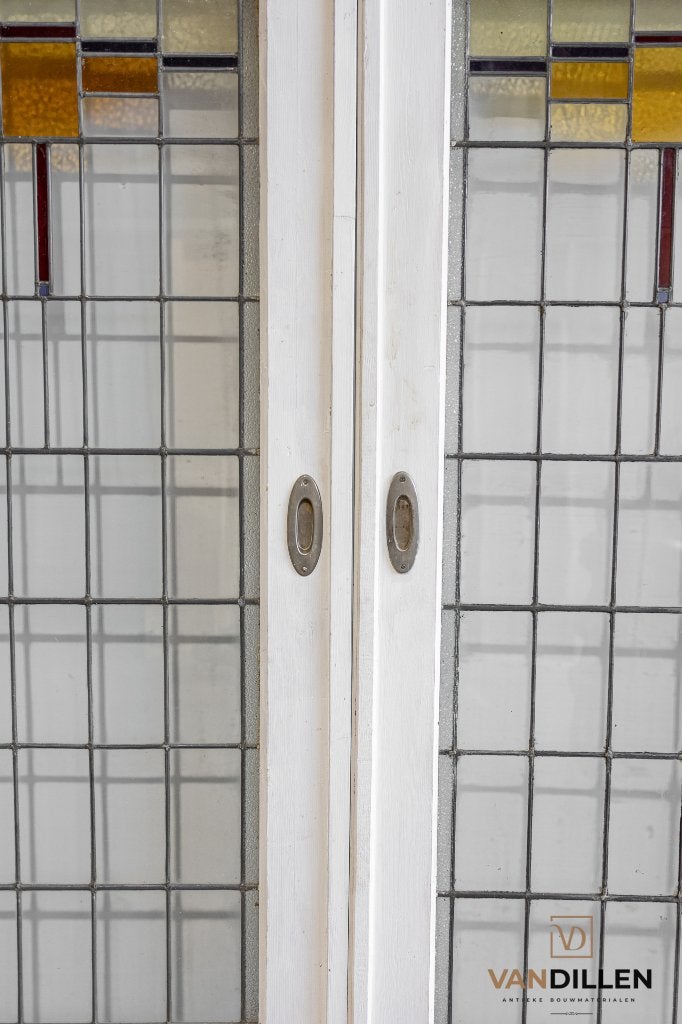 Antieke ensuite / schuifdeuren glas in lood motief, 120 cm of meer, Binnendeur, Ophalen of Verzenden, Zo goed als nieuw