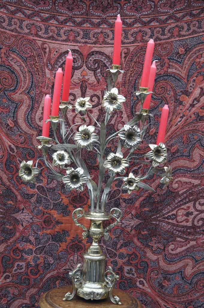 Antieke bronzen kandelaar met bloemmotieven 19e eeuw, Antiek en Kunst, Ophalen of Verzenden, Koper of Brons