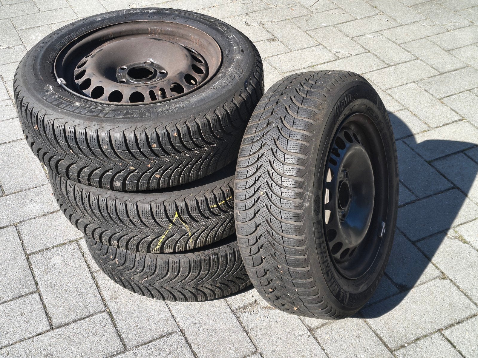 Michelin Alpin winterbanden zgs op stalen velgen, Ophalen, Gebruikt, 15 inch, Banden en Velgen
