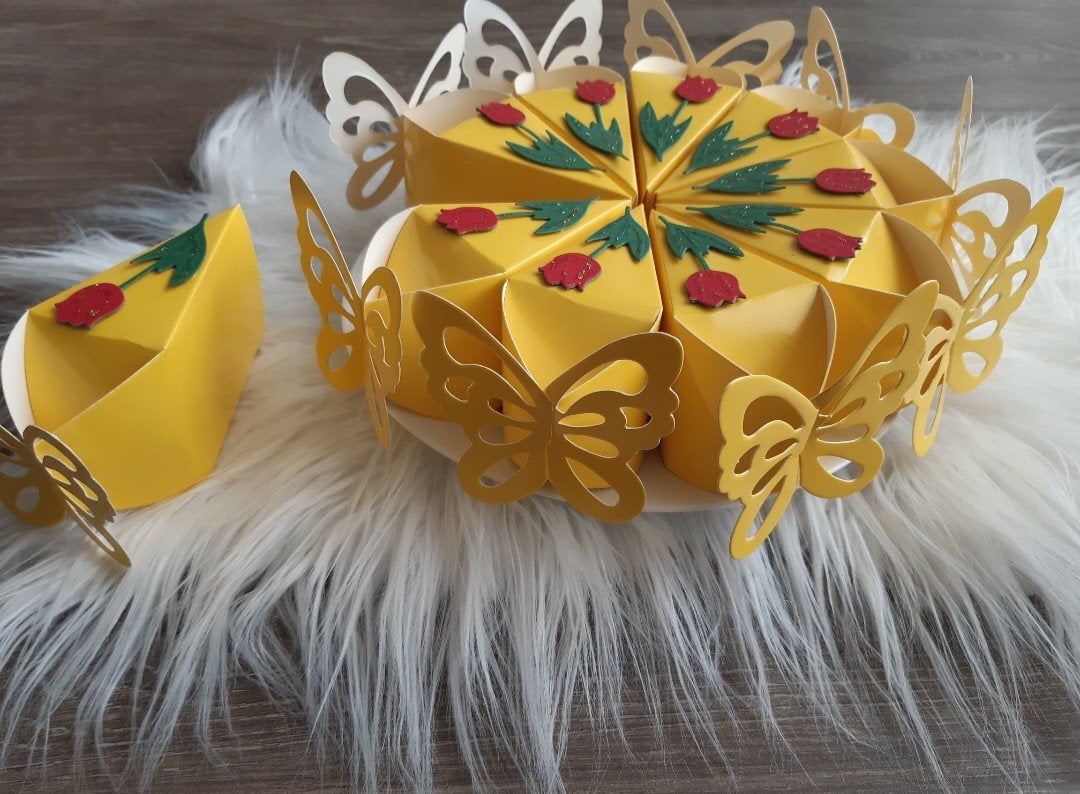 Geel met rode tulpen cadeautaart, 10 te vullen "taart"punten, Handgemaakt, Geel, Nieuw, Papier of Karton