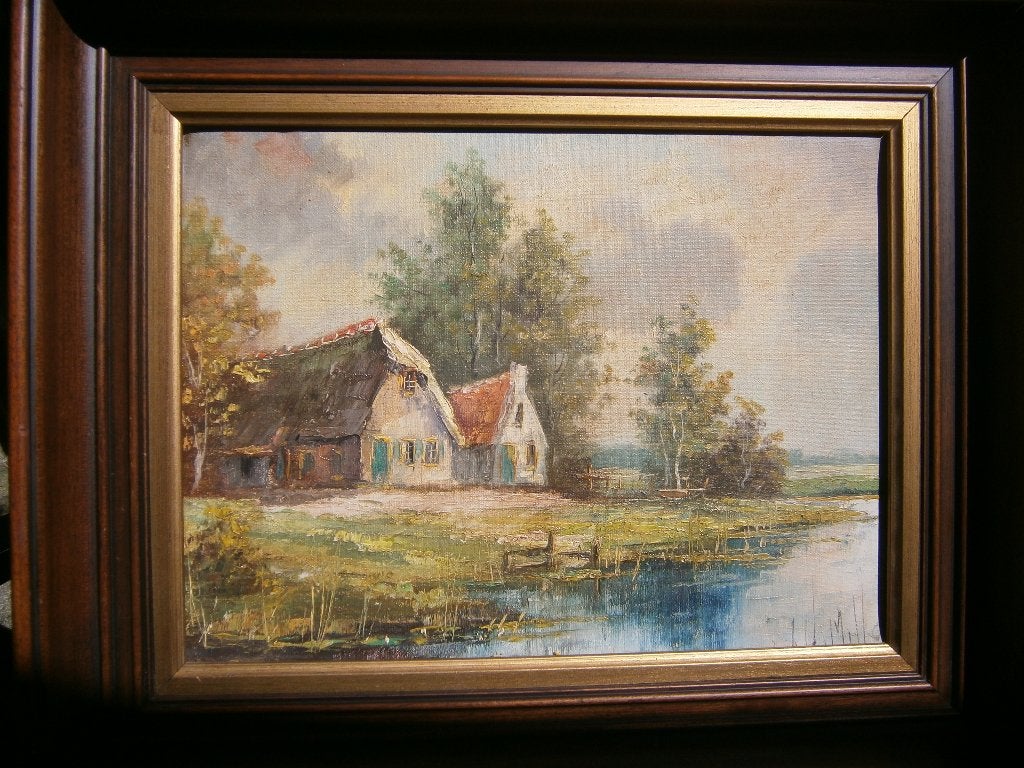 Jan Hendrik Miller: Boerenwoningen, Hollands landschap, Doek, Realistisch, Ophalen of Verzenden, Olieverf