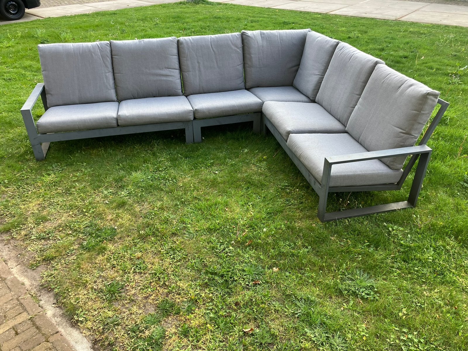 Loungeset hoekbank Aluminium + grijze kussens, Tuin en Terras, Ophalen, Zo goed als nieuw, Aluminium, Hocker