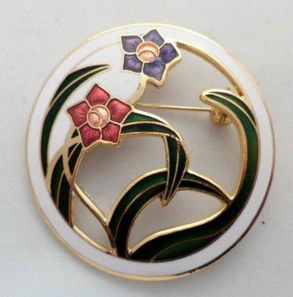 Prachtige cloisonné emaille broche bloemen, verguld -3818), Sieraden, Tassen en Uiterlijk, Broches, Ophalen, Zo goed als nieuw