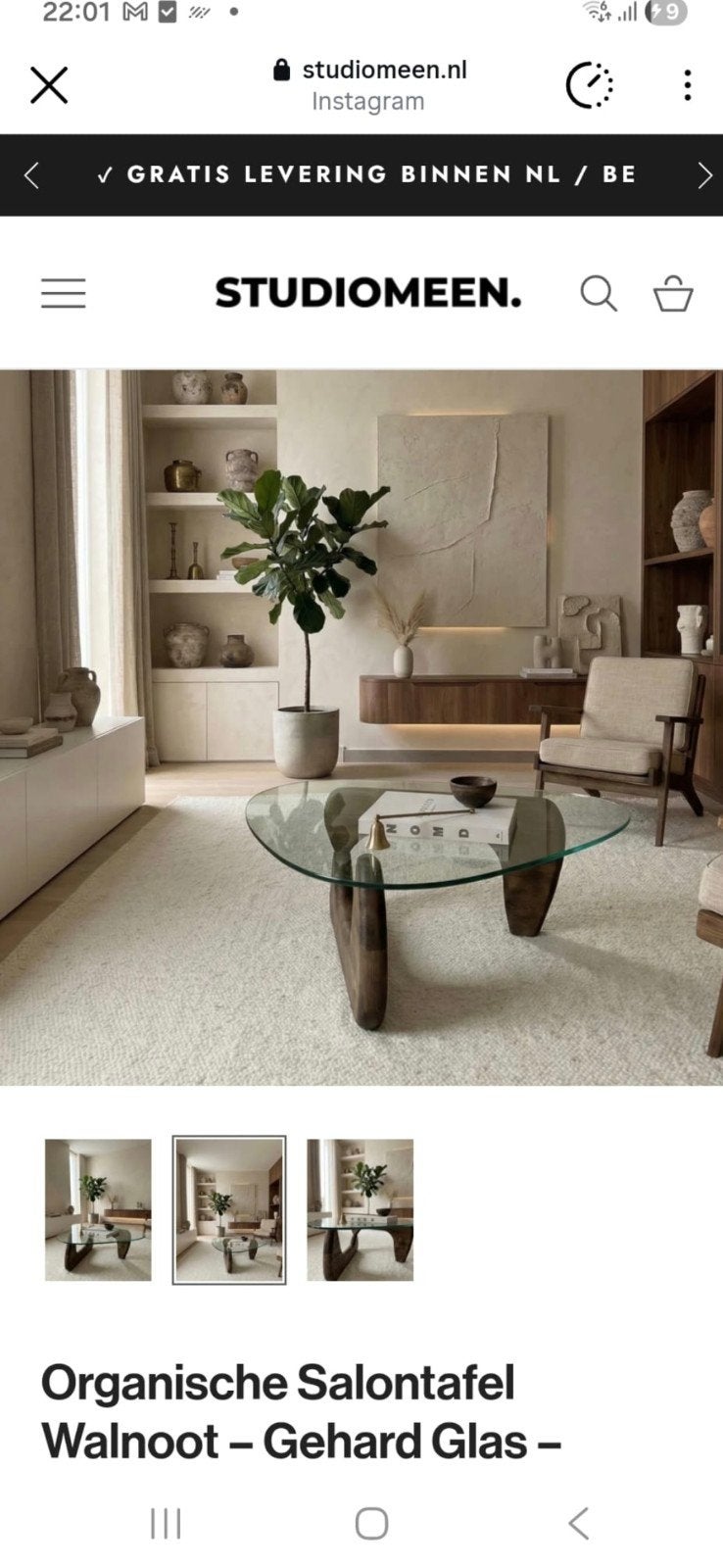 Organische Salontafel Walnoot - Gerhard Glas, 100 tot 150 cm, Organisch, Modern, Overige houtsoorten, Zo goed als nieuw