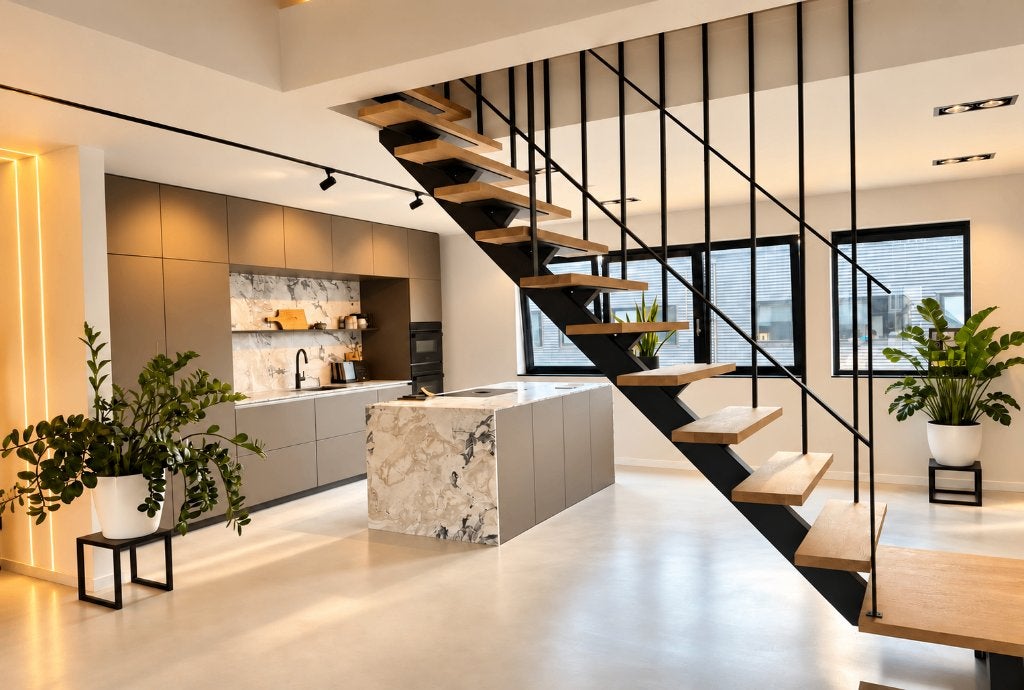 Design keuken met eiland. Showroom model 2025, Huis en Inrichting, Overige typen, Ophalen of Verzenden, Grijs, Greeploos