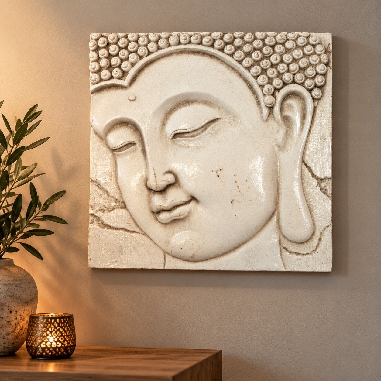 Boeddha afbeelding 38x38 cm voor decoratie, Met reliëf, Steen/keramiek, Nieuw, Ophalen of Verzenden