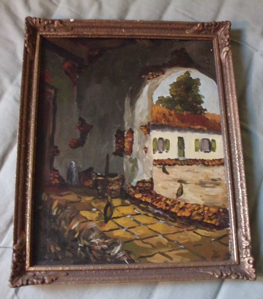 Spaanse kippen farm ., Antiek en Kunst, Doek, Dieren, Ophalen of Verzenden, Gesigneerd