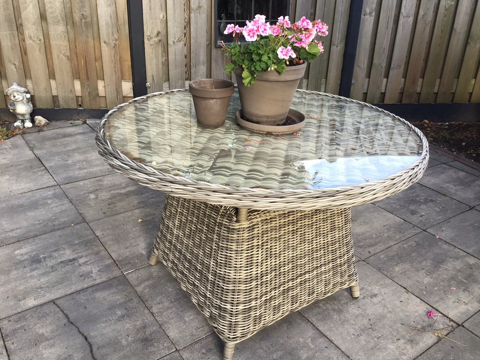 Ronde tuintafel met glazen blad - 120 cm, Ophalen of Verzenden, Gebruikt, Rond, Wicker