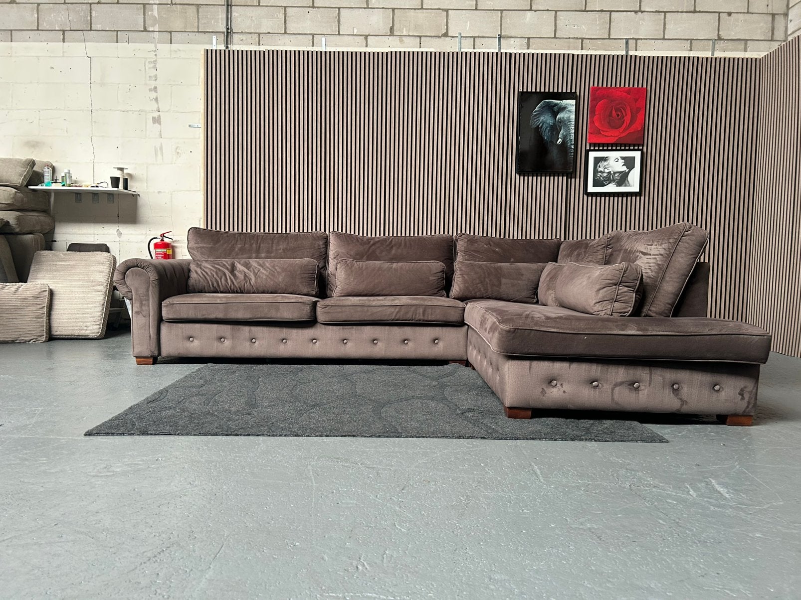 GRATIS LEVERING Velvet Hoekbank Bruin 345X250 GEREINIGD, Hoekbank, 300 cm of meer, Ophalen of Verzenden, Zo goed als nieuw