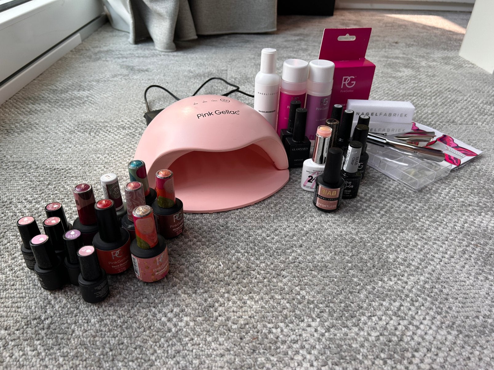 Pink Gellac starterset + LED lamp + BIAB + accessoires, Ophalen of Verzenden, Zo goed als nieuw