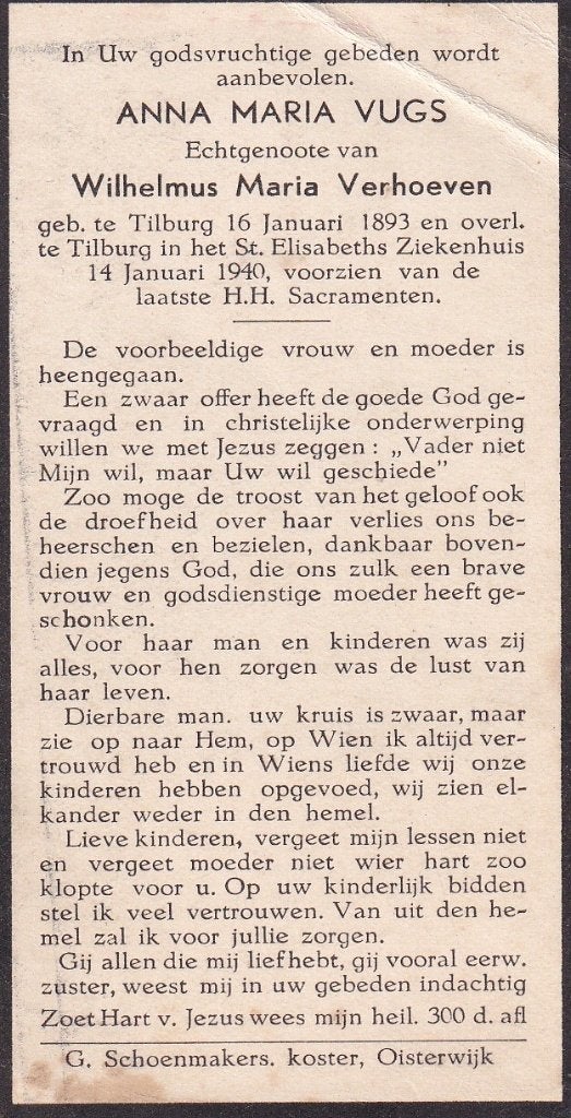 Vugs Anna 1893 Tilburg  1940, Verzamelen, Ophalen of Verzenden, Bidprentje