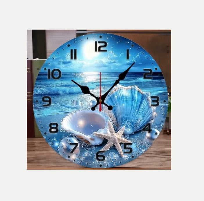 Ronde wandklok van hout strand met mossels (25cm), Ophalen of Verzenden, Nieuw, Wandklok