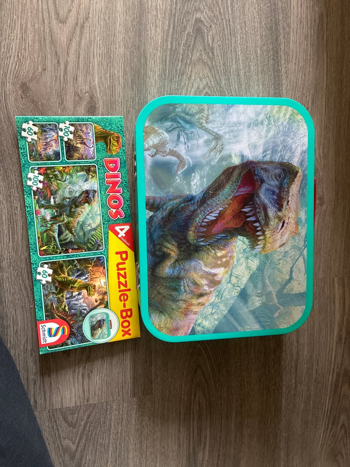 Dinosaurus Puzzle-Box met 4 puzzels (60 en 100 stukjes), Ophalen of Verzenden, Meer dan 50 stukjes, Zo goed als nieuw, 4 tot 6 jaar