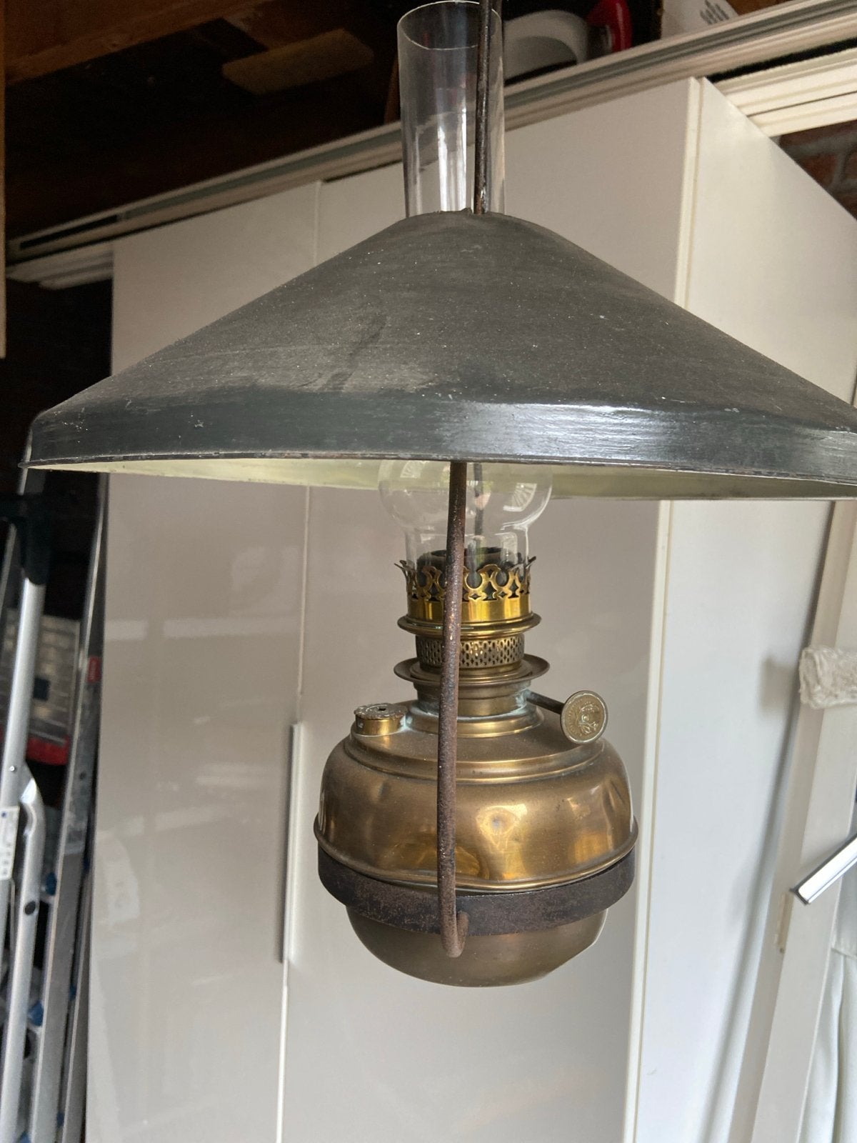 Antieke Zweedse petroleum hanglamp - Messing, Antiek en Kunst, Ophalen of Verzenden