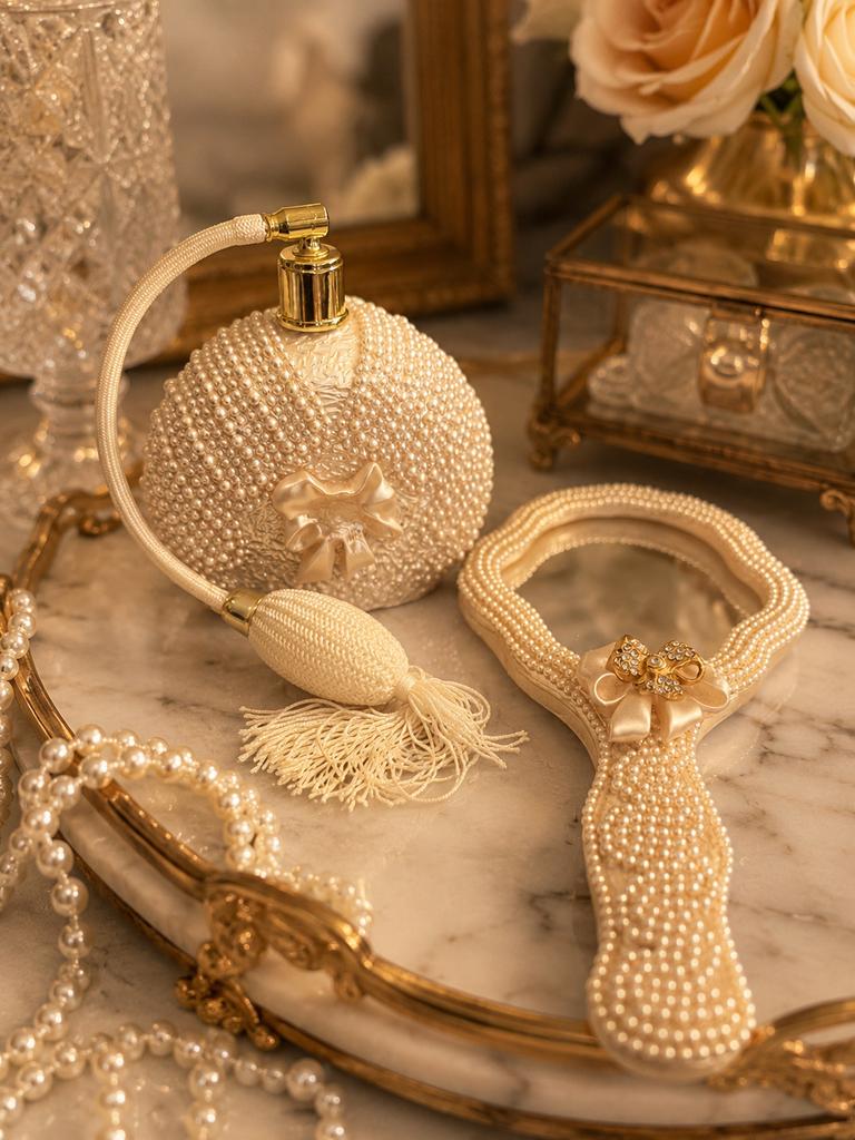 Vintage parel parfumfles en spiegel set, Ophalen of Verzenden