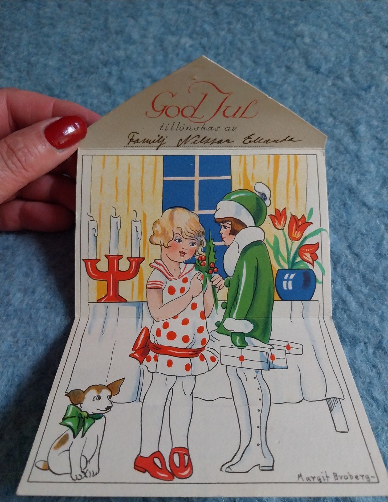 Zweeds God Jul-kaartje van Margit Broberg en Tante Brocante, Ophalen of Verzenden, 1920 tot 1940, Gelopen