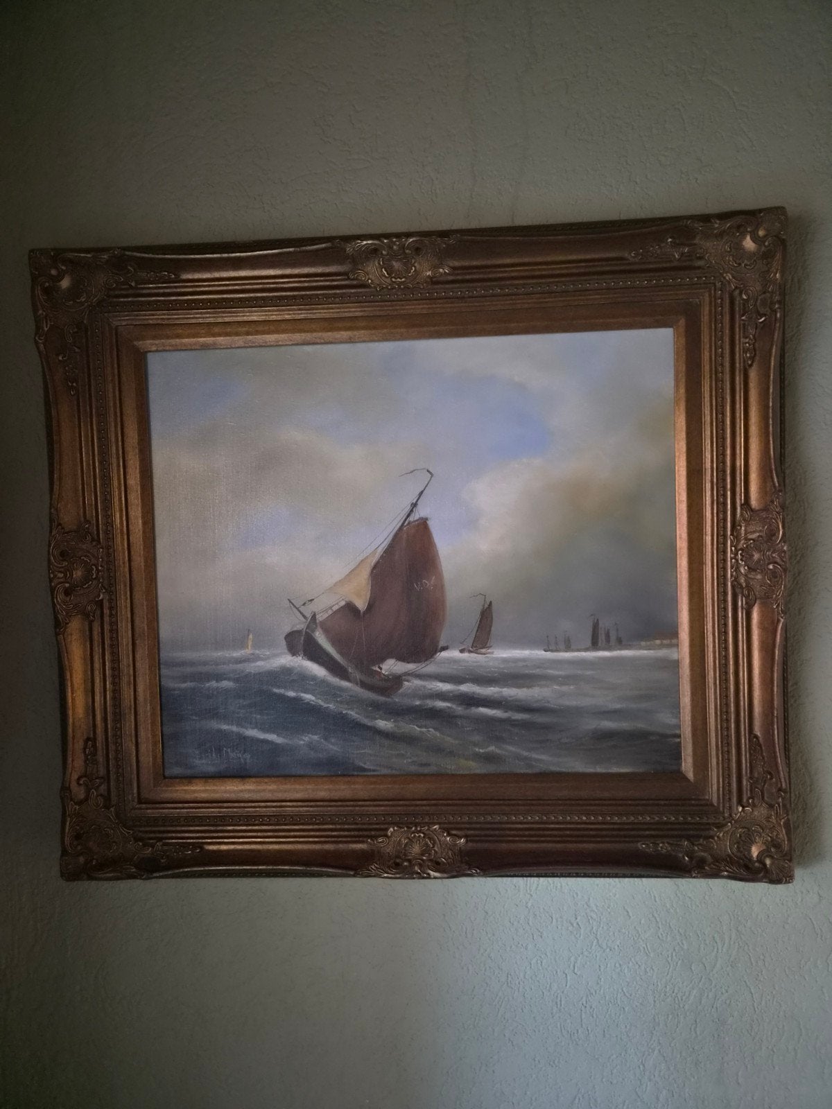 Maritiem Schilderij: Schepen op woelige zee, gesigneerd, Antiek en Kunst, Ophalen of Verzenden