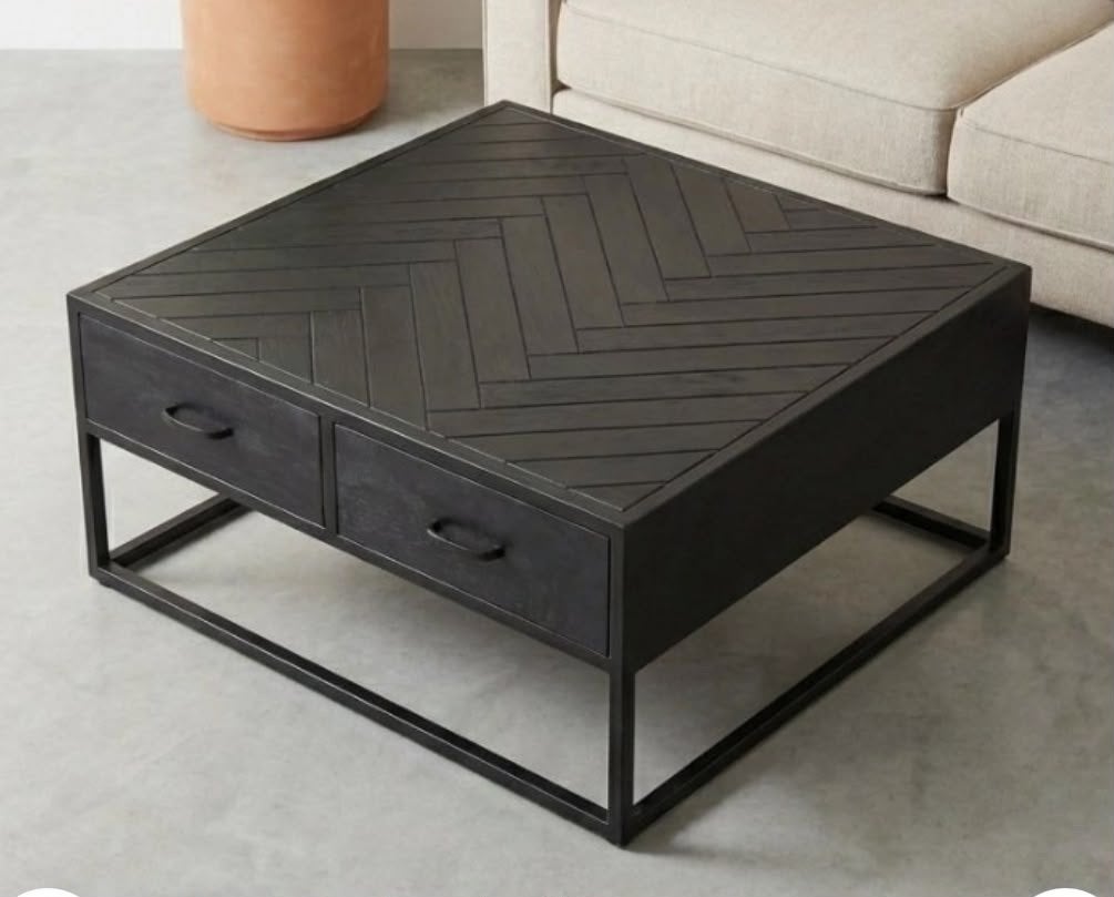 Salontafel zwart staal mangohout visgraat profiel, Huis en Inrichting, Tafels | Salontafels, Ophalen, Vierkant, Nieuw, 50 tot 100 cm