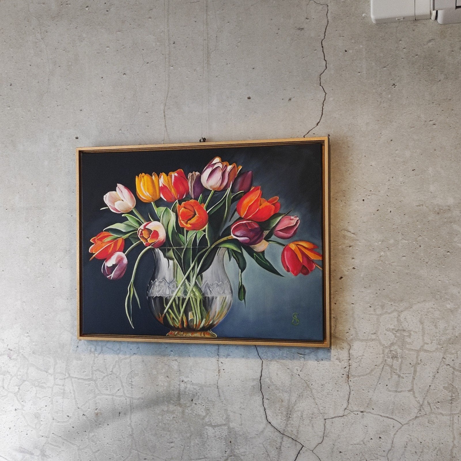 Tulpen in glazen vaas, realistich geschilderd in olieverf., Ophalen