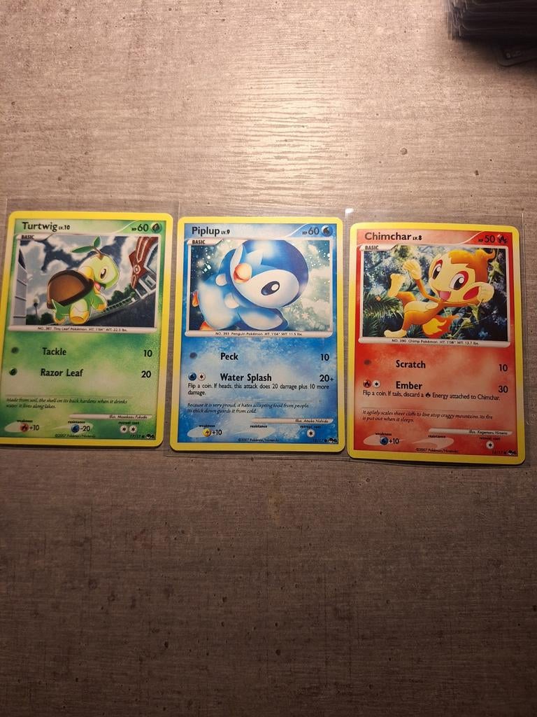 Pokémon Kaarten Turtwig, Piplup, Chimchar - Starters, Ophalen of Verzenden, Gebruikt, Meerdere kaarten