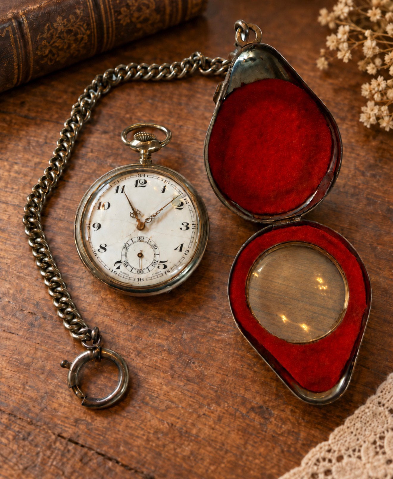 Antiek zilveren zakhorloge met ketting en doosje, Overige merken, Overige materialen, Zakhorloge, 1900 tot 1930