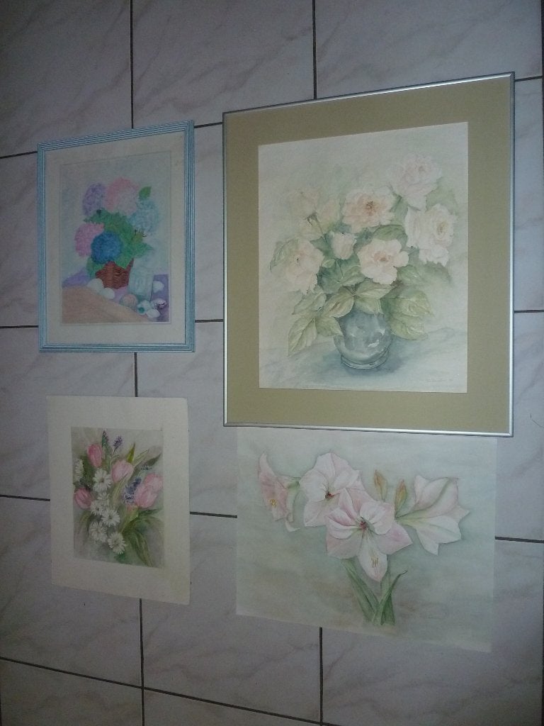 4x Bloemschilderijen, Ophalen of Verzenden, Achter glas, Bloemen