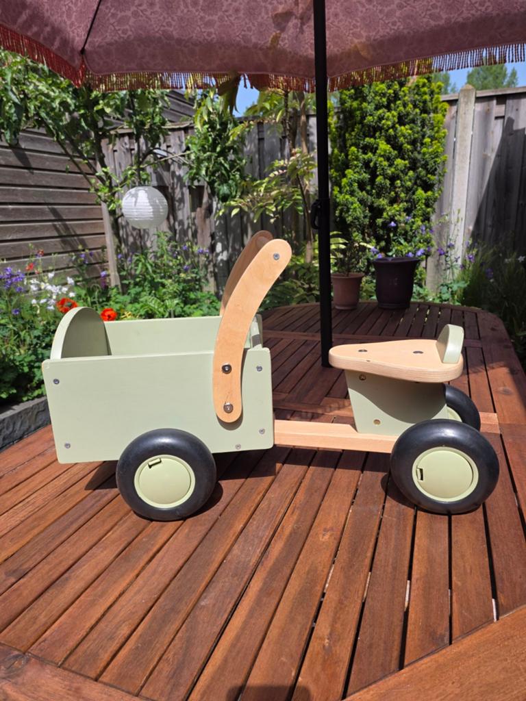Bandits and Angels houten loopwagen/bakfiets met kar - Groen, Kinderen en Baby's, Speelgoed | Houten speelgoed, Ophalen, Gebruikt