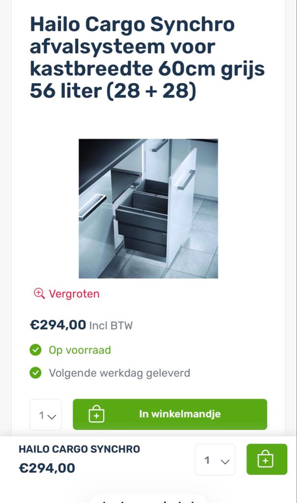 Hailo Cargo Synchro afvalemmer 56L (2x28L) voor 60cm kast, 40 liter of meer, Ophalen of Verzenden, Nieuw, Kunststof