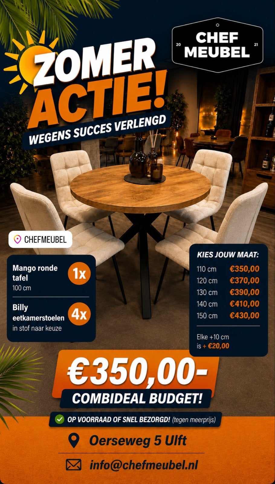 Zomeractie: Ronde Mangohouten Tafel met 4 Billy Stoelen, Ophalen, Rond, Nieuw, 50 tot 100 cm