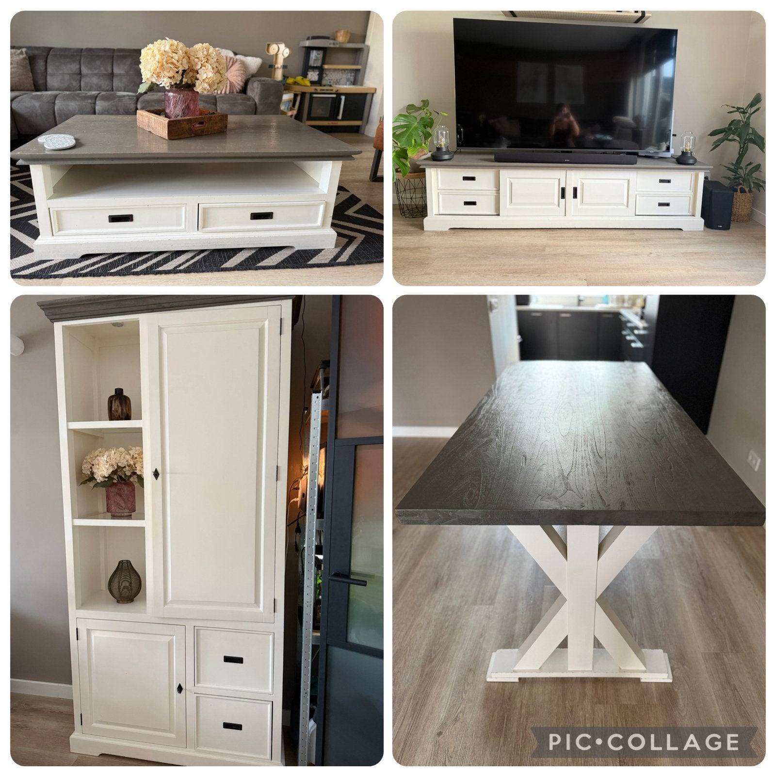 Complete set: Eettafel, Salontafel, TV-meubel en Boekenkast, Huis en Inrichting, Ophalen, 150 tot 200 cm, Overige houtsoorten