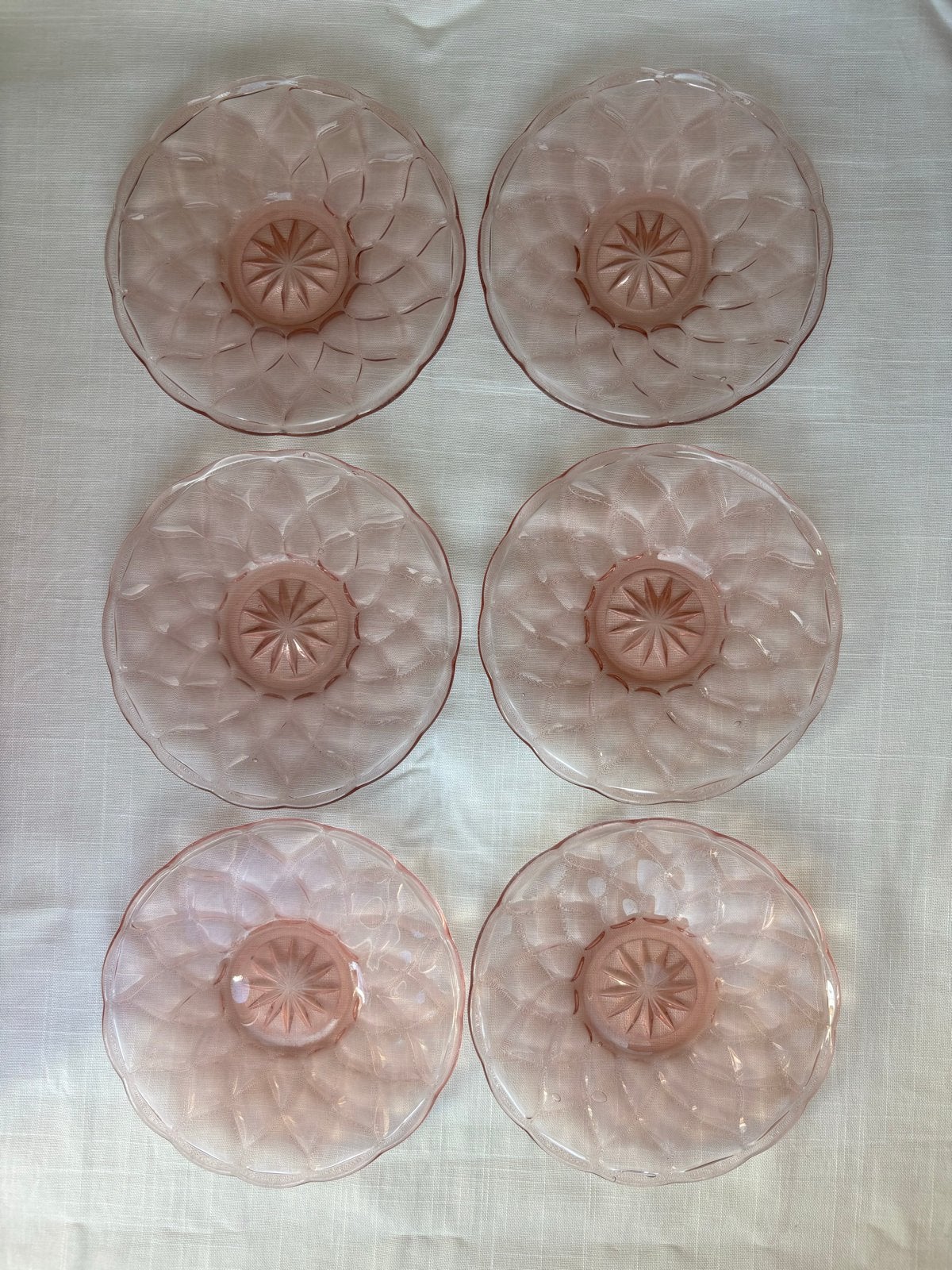 Set van 6 schoteltjes/gebaksbordjes roze persglas, Antiek en Kunst, Ophalen of Verzenden