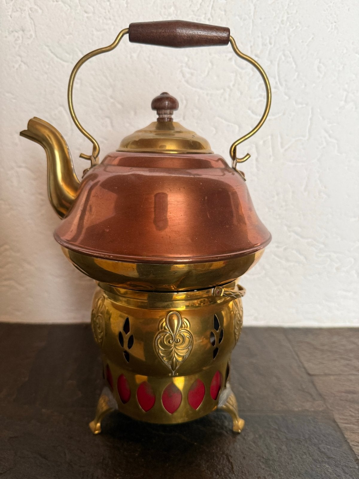Antiek koperen theeketeltje met rechaud, Ophalen of Verzenden, Koper