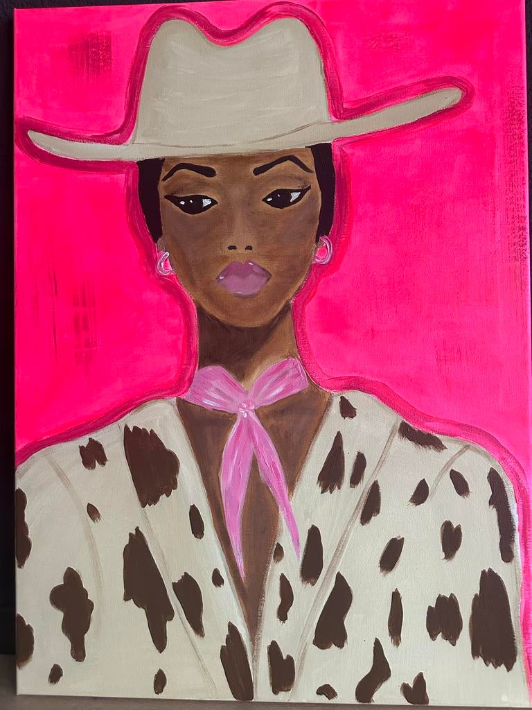 Cowgirl schilderij - Roze en koeienprint, Ophalen of Verzenden