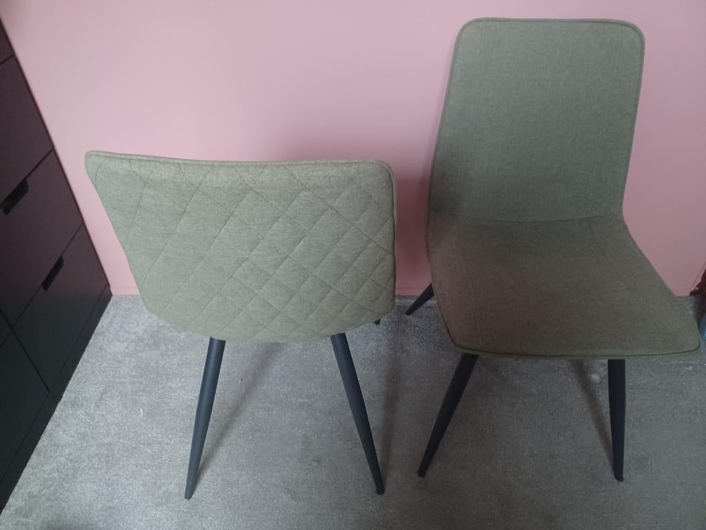 2 eetkamerstoelen, stof groen, metalen onderstel, Ophalen, Gebruikt, Overige kleuren, Stof