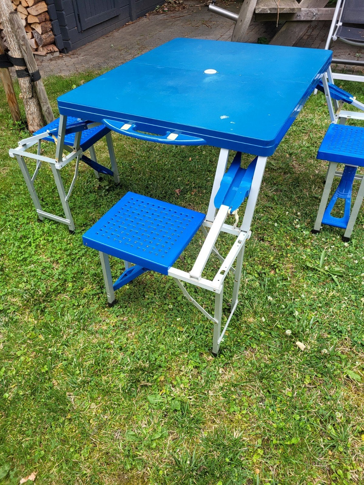 Opvouwbare Campingtafel met 4 Krukjes - Blauw, Ophalen, Gebruikt, Campingtafel