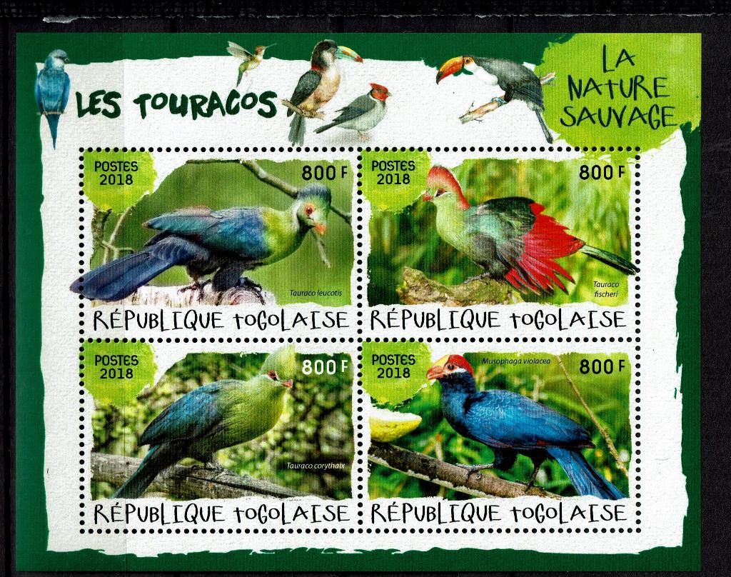 TOGO 2018 PF BLOK TOERAKO TOUACO VOGELS BIRDS 5, Ophalen of Verzenden, Postfris, Dier of Natuur