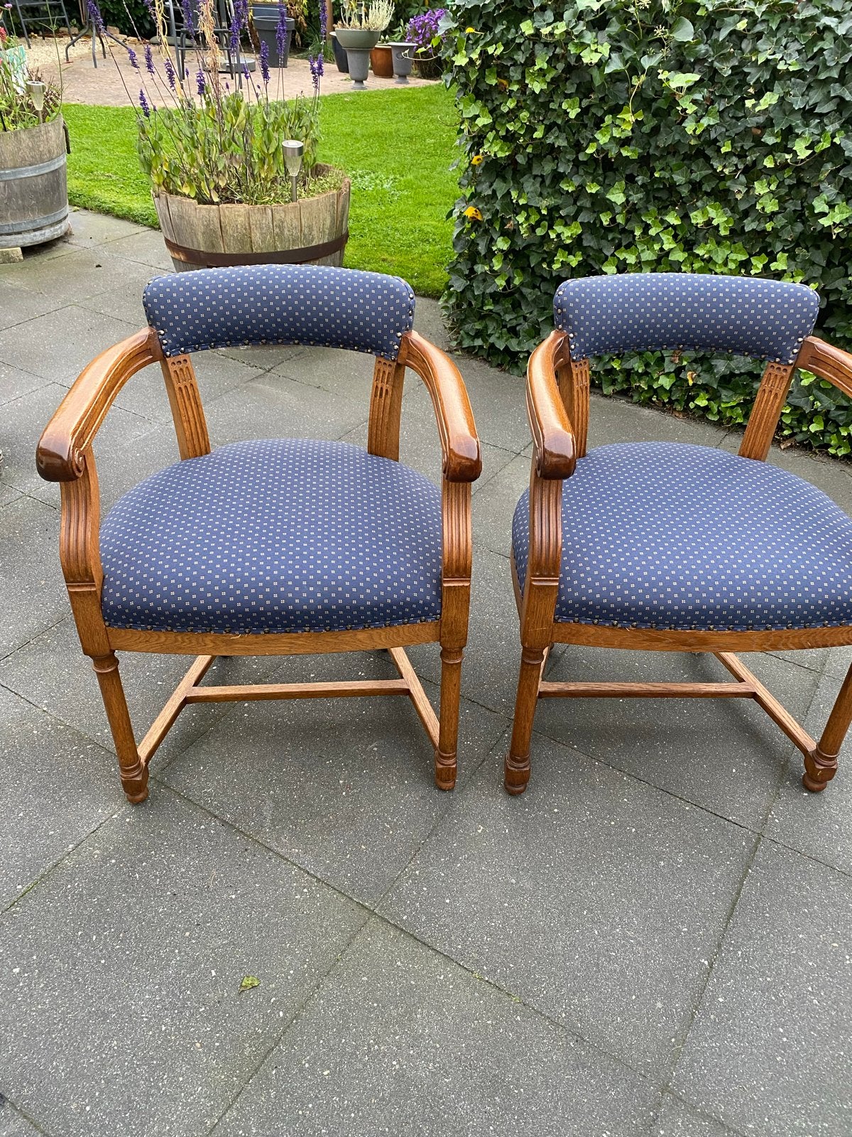 Set van 2 antieke fauteuils met blauwe bekleding, Antiek en Kunst, Ophalen