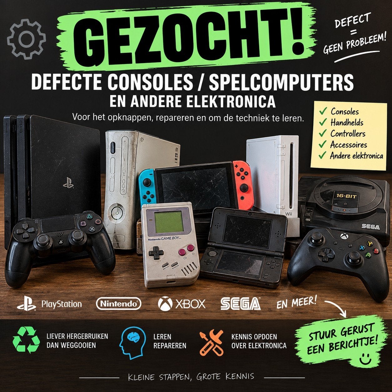 Gezocht: gratis spelcomputers/consoles voor leren reparaties, Ophalen of Verzenden, Niet werkend