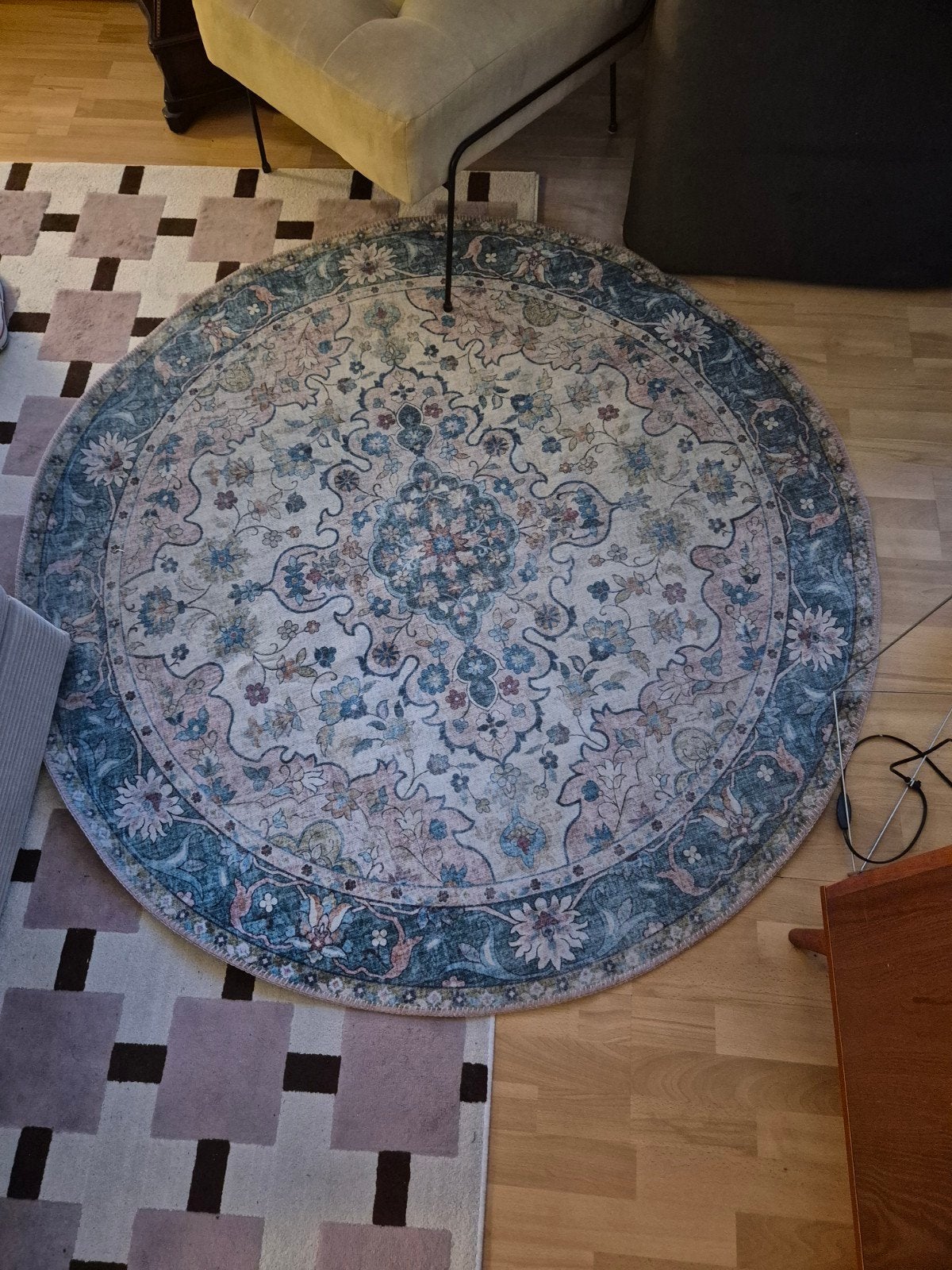 Rond vintage vloerkleed - Lily Oriental Blauw/Roze, Ophalen, 150 tot 200 cm, Rond, Zo goed als nieuw