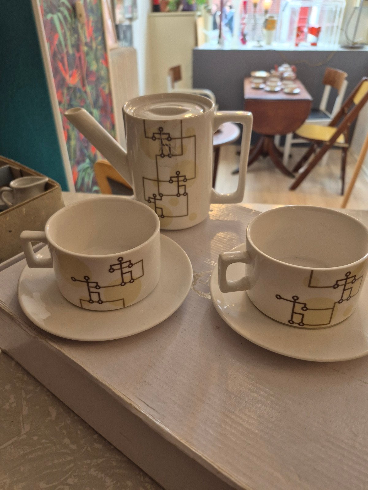 Vintage Artihove Koffieservies met Geometrisch Patroon, Ophalen of Verzenden, Keramiek, Overige stijlen