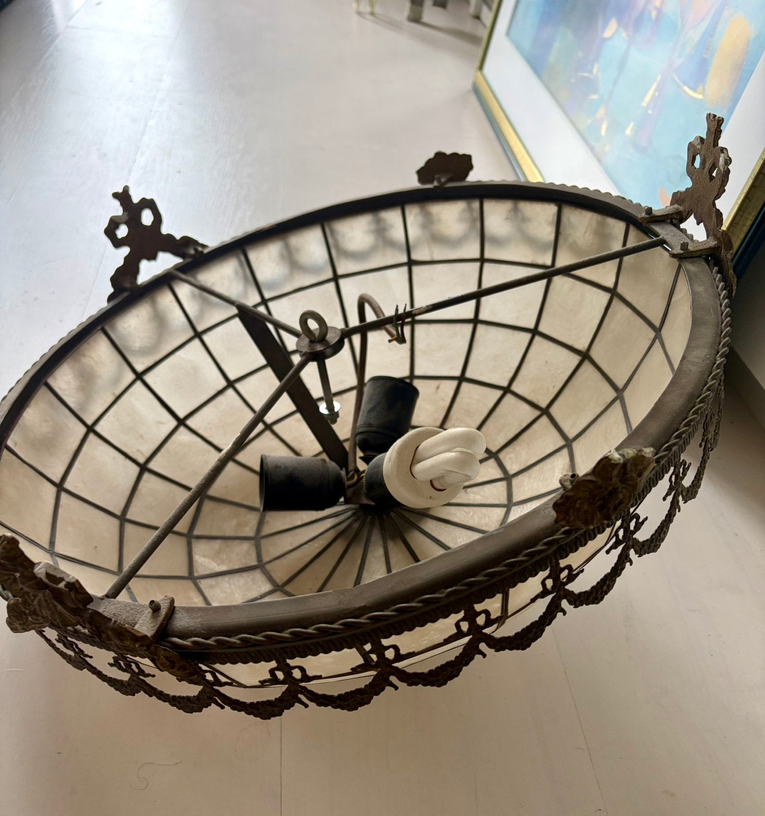 Antieke Franse lamp Capiz schelpen messing brons, Gebruikt, Empire Frans, Glas, E27 (groot)