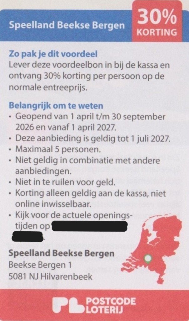 Speelland Beekse Bergen. 30% korting. Postcodeloterij bon., Drie personen of meer, Kortingskaart