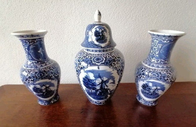 Delfts Blauw Kaststel Holland Molen - 3-delig, Antiek en Kunst, Ophalen