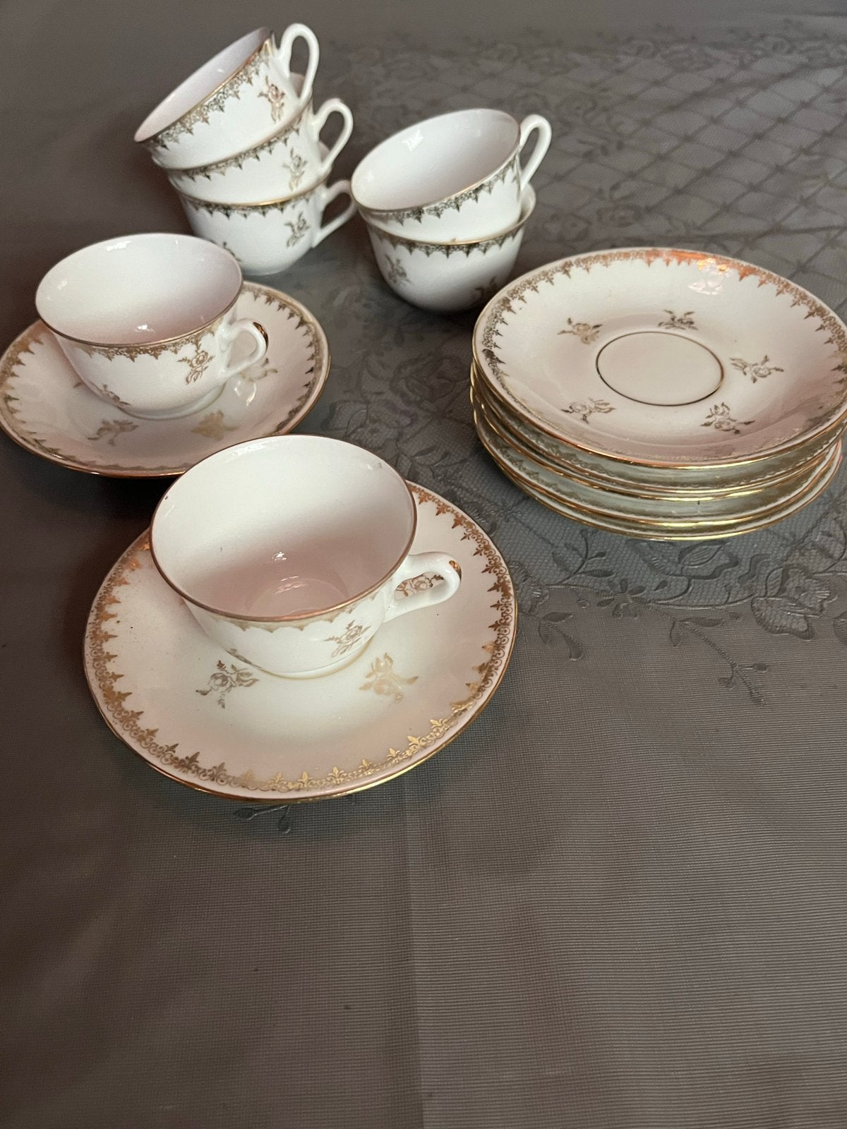 7x Antieke Porseleinen Limoges Kop en Schotel - La Gazelle, Antiek en Kunst, Ophalen of Verzenden