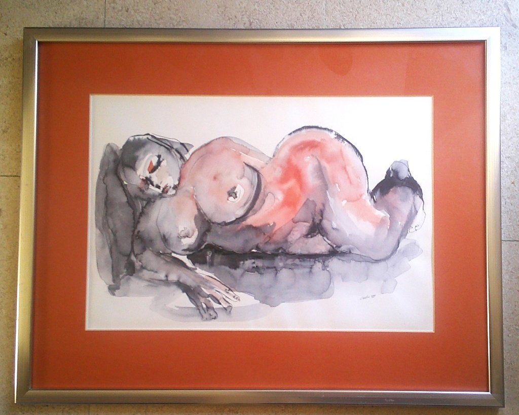 Volslank naakt op sofa - Estelle 1990, Portret of Personen, Expressionistisch, Ophalen of Verzenden, Aquarel